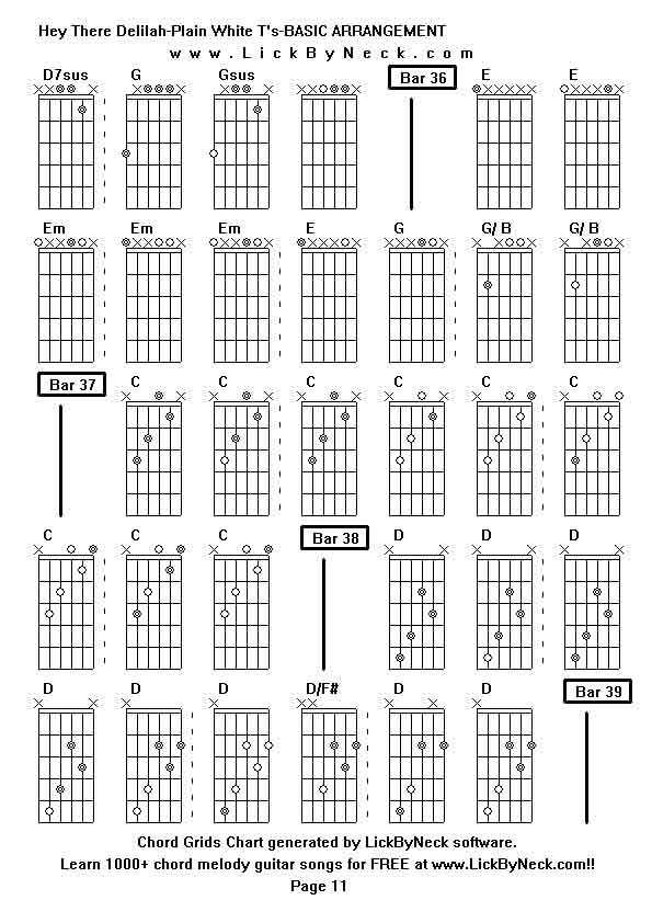 Chord Grids Chart of chord melody fingerstyle guitar song-Hey There Delilah-Plain White T's-BASIC ARRANGEMENT,generated by LickByNeck software.